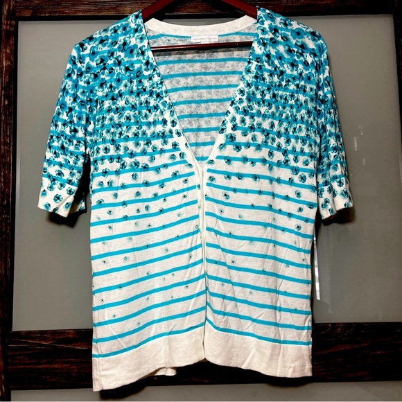 New York & Company 100% Cotton Ditsy Floral Striped Short Sleeve Button Cardigan - Picture 1 of 8